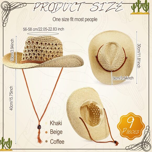 6184 9 Pack Straw Cowboy Hats For Women Western Cowgirl Beach Sun Hat Bulk
